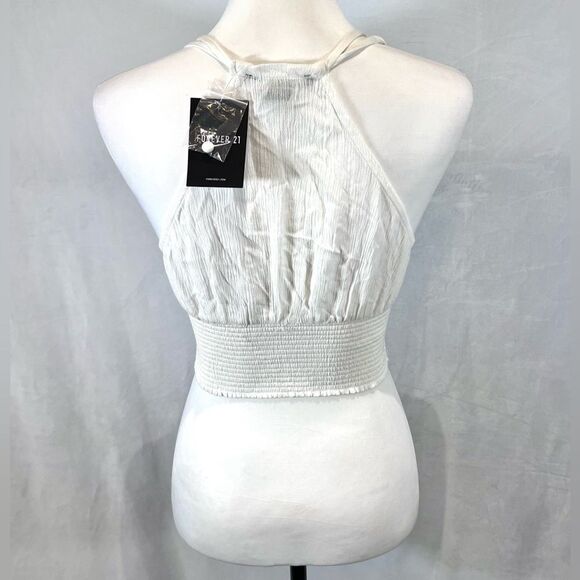 White embroidered button smocked waist halter crop top size medium NWT - Picture 4 of 5